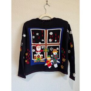 VTG Studio Originals Christmas Sweater Black Santa Snowman Snowflake Cardigan